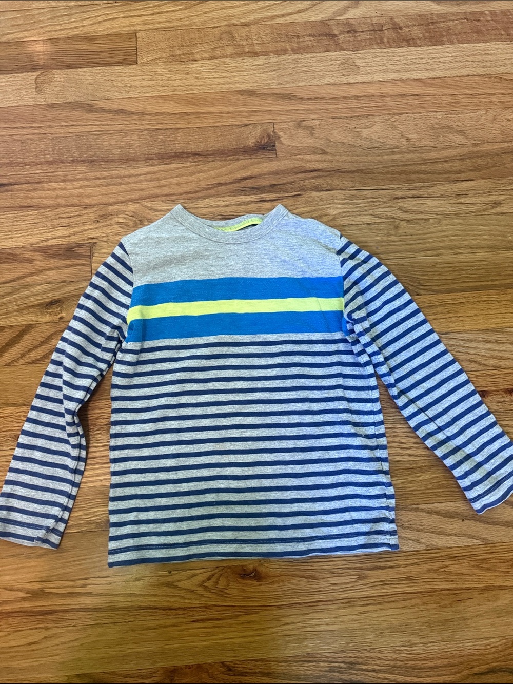Mini Boden Gray & Blue Striped Long-Sleeve Tee with Neon Yellow Accent